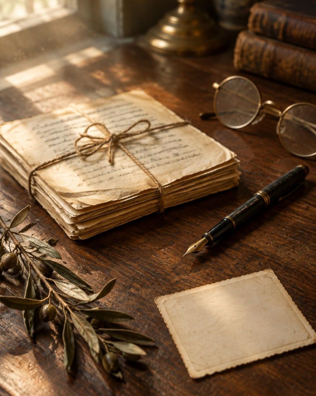 A still life on an old wooden desk: a bundle of handwritten letters tied with string, a fountain pen, wire-rimmed glasses and a dried olive branch in morning light.