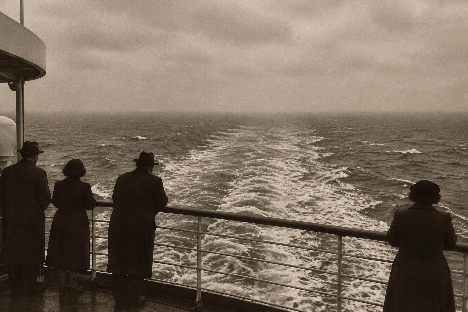 Sepia-toned photograph of passengers in coats and hats at a ship’s railing, looking out over the wake toward an overcast Atlantic horizon.