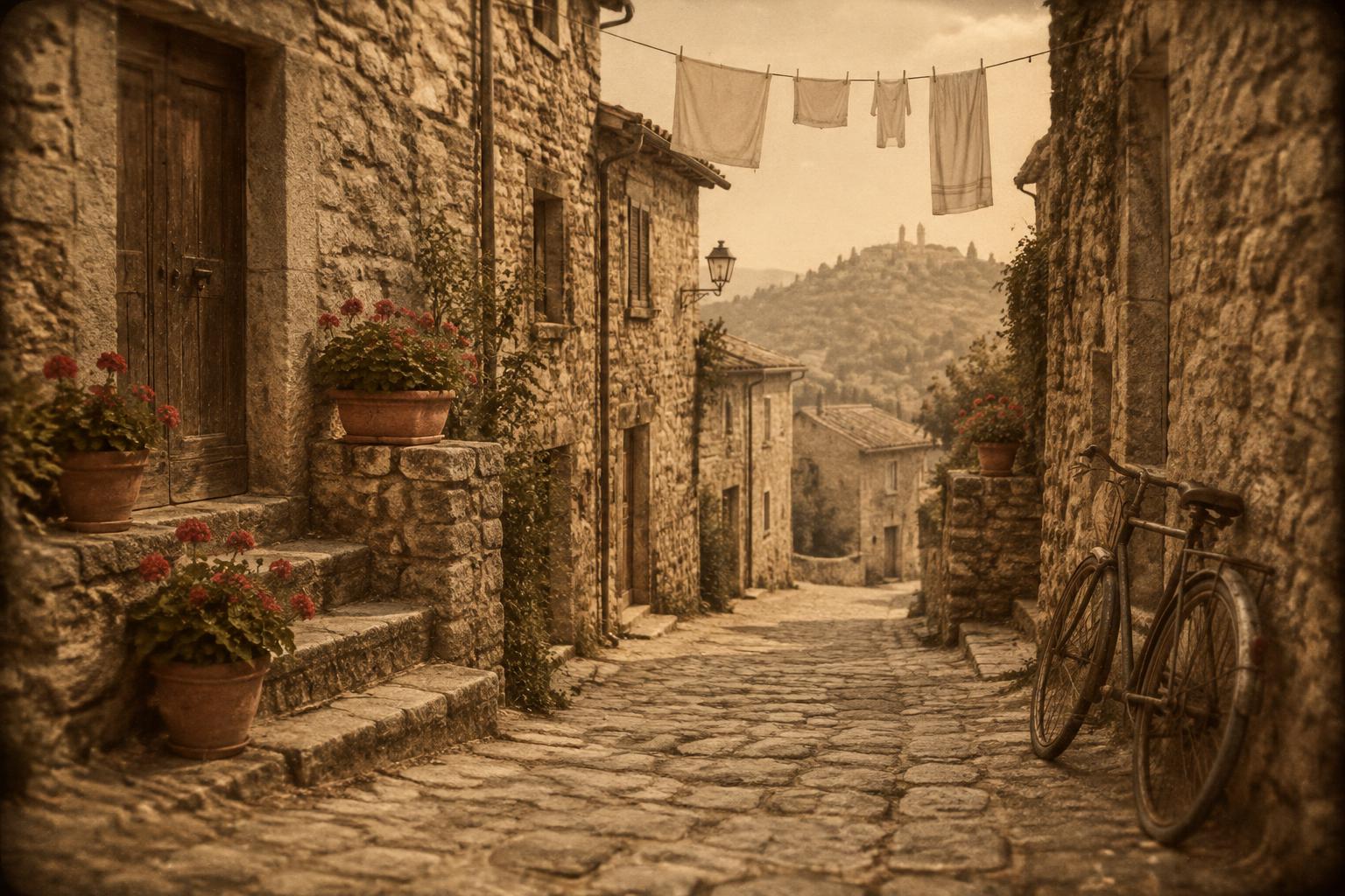 A narrow cobbled lane in a rural Italian hill village, with stone houses, pots of red flowers on the steps, a bicycle against a wall and laundry strung above.